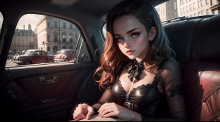 film noir mood, noir, vintage, 1940. A beautiful teen emma watson sitting inside her car. freckles, sparkly blue eyes. tight sparkly intricate red sparkly dress, texturized. background building.
