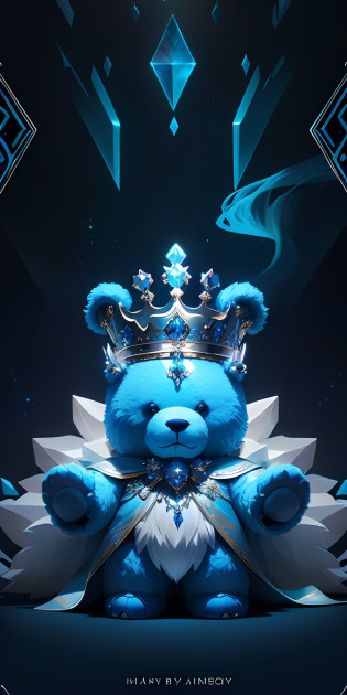 There is a blue teddy bear?There is a crown on it, Official artwork, miniature bear, ArtStation masterpiece, profile picture 1024px, majestic masterpiece, icy, divinity, Beeple and Jeremiah Ketner, high detailed official artwork, official fanart, Heavenly, CGsociety masterpiece, in majestic, bearbrick, official fanart behance hd