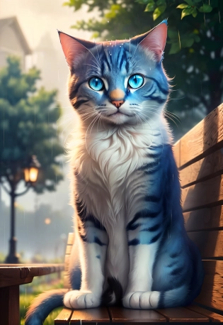 Blue eyed cat sitting on a bench in the (rain:1. 1), Cinematic, very detailed , by Studio Ghibli, by Pixar , <lora:add_detail:1>, UHD, HDR, 8K, (Masterpiece:1. 5), (best quality:1. 5)