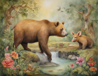The artistic conception of ancient poetry integrates a variety of elements and the scene is atmospheric, a cut bear, a cut monkey, a cut giraffe, a cut pig, playing in florest
