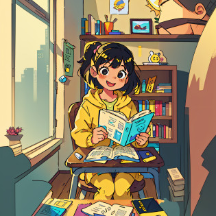 anime girl sitting in a chair reading a book in a room, lofi girl, cute art style, in a library, anime moe artstyle, anime style illustration, in the art style of 8 0 s anime, lofi portrait, studying, reading a book, reading in library, lofi artstyle, in an anime style, reading new book, digital anime illustration