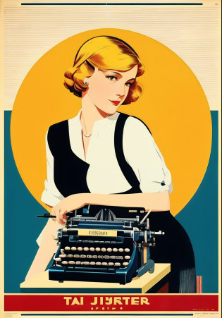 Painting of a woman sitting at a desk with a typewriter, Dicas de Coles Phillips, Directed by: Coles Phillips, inspirado em Coles Phillips, Poster de Shephard Fairey, advertising poster, poster vintage, Cartaz de propaganda dos anos 1940, cartaz de propaganda, Directed by: Pruett Carter, Directed by: Jon Whitcomb, Directed by: James Montgomery Flagg