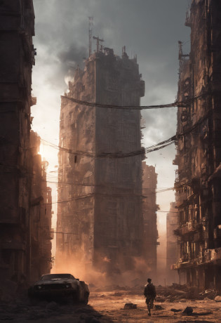 Run-down city, battlefield, ??, Gunsmoke fills,, Orange sky, Dust, Radiance, Starry, Armageddon, Wide shot, Cinematic lighting, Blurry, Ultra-wide angle, Best quality, 8K