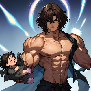 Sirius black from harry potter as a muscular bodybuilder with 8 pack abs and big biceps and big pectoral muscles, playing with baby harry potter, fun, joy, dilf, slender but very muscular, smile, playing with baby harry potter, 8 pack abs, biceps, anime art, anime screenshot, anime screencap, anime face