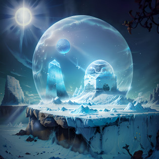 Ant habitat with poisonous air surrounded by a transparent barrier?The nest is made of snow and has a hemispherical dome when viewed from the sky.?Sunlight shines through the partially collapsed snow wall, and a small iceberg can be seen?The iceberg is overgrown with plants and has a beautiful water source.?However, outside the nest is a flat area covered with glaciers and no plants grow.?The wind is blowing and the snow is flying?The nest looks small because it is seen from a distance?Shadows form where the sun is not shining?blue-sky?(And something is visible from the ground in the nest) Snow flowers bloom profusely?Snowflakes are falling