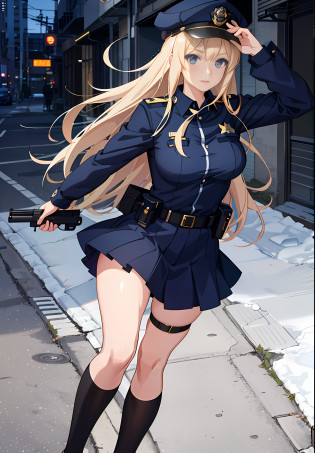 anime girl in police uniform in police cap on street, seductive anime girl, realistic police uniform, police uniform, standing in a dimly lit alley, standing in a dimly lit alley, ecchi anime style, (anime girl), oppai, [ 4 k digital art ]!!, Dusk is approaching, with a cold demeanor and a gun in his hand