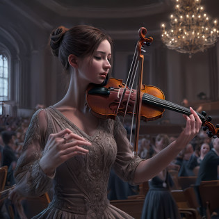 high details, best quality, 8k, [ultra detailed], masterpiece, best quality, (extremely detailed), full body, ultra wide shot, photorealistic, RAW,  realistic art, octane rendering, an ultra wide, full body, a picture  of a human female  (1.5 intricate details, Masterpiece, best quality) violinist,  playing a (violin: 1.5)  and enchanting people in a concert hall, black evening dress, epic beautiful female human [[anatomically correct]]  violinist (1.5 intricate details, Masterpiece, best quality), dynamic hair, concert hall full of crowd, many people (1.5 intricate details, Masterpiece, best quality), concert hall background,