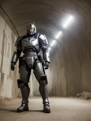 a modern style soldier man wearing a heavy armored metal transformer suit inside underground military shelter,style:deliberate
