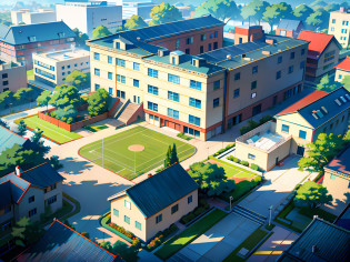 Aerial view of the school building with a football field in the middle, full building, private school, top - view, Japan High School, old school, photo taken from above, school courtyard, schools, American schools, aerial view from above, viewed from bird's-eye, school, ariel view, view from high, [ down view ]!!, aerial shot