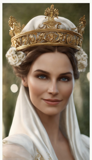 Numerous award-winning masterpieces, with incredible details, Maximum textures and details), (hyper realistic:1.4), (Realstic:1.3), (Haut du corps vers le haut:0.4), (best quality real texture skin), ((Monde de la mythologie grecque)), finely detailed eyes, finely detailed face, visage en face, yeux doux, (Elle a un sourire gentil sur son visage:1.4), Friendly and feminine face, avec un nez fin, a Roman Empress, avec une coiffure Romaine en an 65. brown and curly hair, en chignon. Long dress outfit draped in white. pas de boucle d'oreille et une couronne de laurier, imp�atrice. visage en face. 1) Creating vibrant energy, Coucher de soleil tardif projetant une lueur chaude, a festive atmosphere embracing the Roman era, Meticulous attention to detail capturing the essence of elegance. Visage en face.