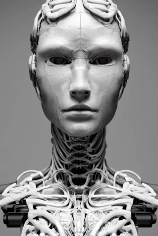 cyborg woman| with a visible detailed brain| muscles cable wires| biopunk| cybernetic| cyberpunk| white marble bust| canon m50| 100mm| sharp focus| smooth| hyperrealism| highly detailed| intricate details| carved by michelangelo