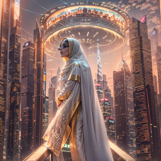 Enter a fascinating vision of the future through captivating futuristic imagery of the city of Dubai. The towering giant skyscraper is decorated with gold ornaments and a smooth glass curtain wall?pierce the sky, The vibrant lights of the city that never sleeps. In the midst of a bustling cityscape, An iconic giant pyramid-style high-tech building, Its architectural marvels are enhanced in a futuristic style. When the hovercar glides easily through the air?The city is full of life?Full of life??Full of life??Full of life??Full of life??Full of life??Full of life??Full of life??Full of life??Full of life??Full of life??Full of wealth??Full of luxury??Full of technology??, State-of-the-art technology blends seamlessly with traditional Arabian luxury urban structures. This stunning work of art, Wear a gorgeous Arabic burqa?Arabian beauty covered in a golden veil?Standing on Balcony?Watch the magnificent city use Pixai to bring powerful AI models to life, Show the limitless creativity and possibilities of our imagination. Experience the future of the cityscape at Pixai?Immerse yourself in a visionary world of art