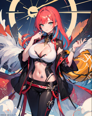 background, misto-language_text, letras japonesas em graffit ,garotas, long gradient red hair, excellent lighting, sidelighting, perfeito ultimate (cor plana: 1.3), (magazine_cover: 1.4), (multicolored_background: 1.3), striped_background, card_background, :: discs with sharp, shiny blades in hand :: circular pieces of white metals glued to the ultra detailed arms coming out of shimmering glow, desenho de estrela negra estampada no meio da camisa , perfeita e detalhada, camisa ultra detalhado com desenho abstrato e com estampa de letras japonesas em grafit dos lados da roupa, imagem de garotas com big breast, accompanied by an ultra-detailed cyborg lion, com efeitos imersivos, efeito pairar, fundo estilo grafite tatuagem tribal com flores e cores vibrantes, 