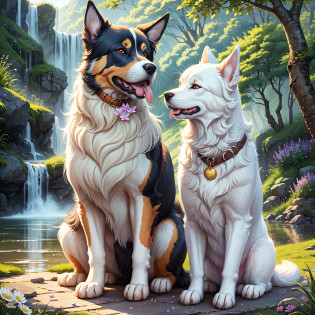 Describe a charming scene of a lush landscape, where several happy dogs gather in harmony. The verdant grass stretches gently across the horizon, dotted with colorful flowers that bloom in every shade of the rainbow. In the background, an imposing waterfall glides gently down the mountainside, creating a refreshing melody that fills the air. The crystal blue sky is adorned by soft, white clouds that seem to embrace the scene with delicacy. In the center of the landscape, a group of dogs of different breeds have fun and play in a sunny clearing. They run through the tall grass, jumping with joy and displaying their radiant expressions of pure bliss. Their colors range from bright gold to deep black, with lush coats that glow under the soft rays of the sun. Among them, a majestic-sized dog seems to lead the game, with a serene appearance and eyes full of tenderness. His soft, silky fur sways in the gentle breeze, and his countenance conveys a sense of calm and serenity. As the scene unfolds, it is possible to notice other charming details: colorful butterflies that float around the dogs and the dogs have only 4legs, birds that sing their soft melodies in the nearby trees and a small crystalline pond that reflects the idyllic image before it. This image is a testament to the harmony between nature and animals, a charming reminder of the love and joy that dogs bring to the world. The scene conveys a sense of peace and serenity, evoking a deep connection between the animals and the natural beauty that surrounds them. 
