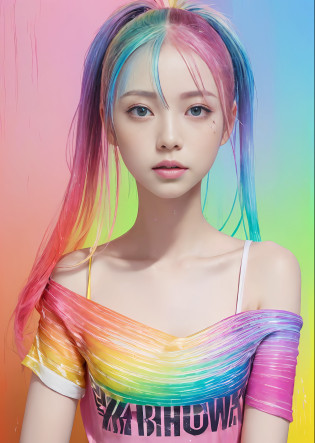(Pink fashion T-shirt:1.9)?(colourful hair:1.8)?(all the colours of the rainbow:1.8)?((((Vertical Painting:1.6)))?(Painterly:1.6)?frontage?big eye?Sheer eyes?(Iridescent gradient high ponytail:1.7)?Exquisite makeup?Mouth closed?(Small fresh:1.5)?(Wipe Chest:1.6)?long eyeslashes?White off-shoulder T-shirt big watery eyes?(rainbow-colored hair:1.6)?Color explosion, Messy lines, ((Shines)), (colourfull), Chic paint style, (color splashes), Vertical Painting, nsfw? Paint splashes, Acrylic Pigment, gradients, depth of fields, facepaint, colourful clothes, (elegent: 1.2), Gorgeous,length hair, the wind, (elegent: 1.3), (flower petals:1.4)?(((?masterpiece)))?(((top-quality)))?((ultra-detailliert))?(dynamic ungle)?((Planktonic))?(paint)?((dishevled hair))?(??)?((beautifull detailed face))?collars?bare shoulders??white  hair?((colourful hair))?(((striated hair))?beatiful detailed eyes?(Gradient color eyes)?((cammel toe))?(colorful backdrop))))?((((a high chroma))))?(((Surrounded by colorful splashes)))