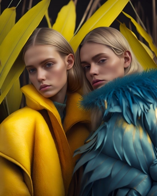 Fashion shoot, Two model girls, yellow and blue fur coat, banana leaf field, professional photography, high resolution, brand, photorealistic, 8k, --ar 4:5 --q 2
