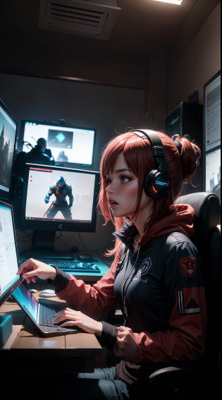 In this vivid scene, a person is fully immersed in the world of computer gaming. With eyes locked on the screen, their focus is intense, and their hands move swiftly on the keyboard and mouse.

As the game progresses, emotions flicker across their face - excitement, determination, and occasional frustration. They lean forward, engrossed in the virtual realm, where challenges await and adventures unfold.

The colorful glow of the monitor illuminates their features, creating an ethereal ambiance around them. Surrounding the gamer, gaming peripherals and gadgets adorn the desk, showcasing their dedication to the digital realm.

Time seems to lose its meaning as they delve deeper into the virtual landscape. The sound of clicking keys and occasional cheers of triumph fill the air, harmonizing with the immersive sound effects of the game.

In this pose, the gamer is fully in their element, exploring fantastical worlds, strategizing, and engaging in virtual combat. The game serves as a portal to escape reality, offering moments of exhilaration and relaxation.

Whether they play solo or connect with online friends, the gamer finds a sense of community in the gaming world. Their passion for gaming binds them with fellow players who share the same love for virtual adventures.

In this scene, the gamer becomes a modern-day explorer, navigating digital landscapes, and carving their path to triumph. The boundaries between reality and the virtual world blur, and they are the hero of their own digital narrative.

As the camera captures this mesmerizing moment, the gamer's passion and joy shine through, reminding us of the power of video games to ignite the imagination and provide a gateway to boundless possibilities.