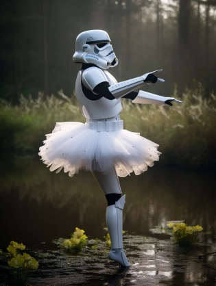 a stormtrooper dancing ballet while wearing a tutu, beautiful outdoor scene, --ar 3:4 --q 2 --v 5