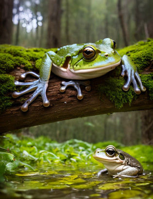 Create a series of flat illustration style image of 
1920x1080 pixel, The solar term rises on the summer solstice?Once upon a time in the heart of a mystical swamp, there lived a mummy frog named Mabel. Mabel was not your ordinary amphibian; she had been around for centuries, a living relic of ancient times. She had a wise and mischievous spirit hidden beneath her wrinkled, moss-covered skin.

One sunny morning, Mabel decided it was time for some fun with her energetic little tadpole, Tad. Tad was a sprightly young frog, always eager for adventure. Mabel knew that there was no better way to bond with her child than through a timeless game of hide and seek.

With a playful gleam in her eye, Mabel looked at Tad and said, 