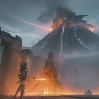 masterpiece, best quality, super detail, illustration, rpg, lightning, outdoor, epic, 1 girl, solo, warrior, armor, volcano, hot lava, smog, sky in smoke, gloomy, tension, volcano background, naturalistic, figurative, pictorial, impressionistic, expressive, ionistic, abstract, innovative, experimental, unique