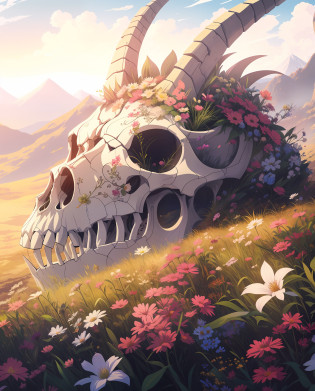 anime, skull, flowers, mountain, sky, flowers, grass, flowers, flowers, flowers, flowers, flowers, flowers, flowers, flowers, flowers,, 8k high quality detailed art, ? cgsociety, 4k detailed art, highly detailed 4 k art, 4 k highly detailed art, detailed digital anime art, detailed anime artwork, 4k highly detailed digital art