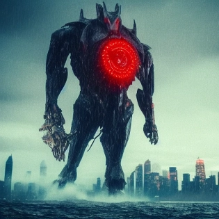 Giant turkey with glowing eyes, roaring, standing in the ocean, city skyline in the background, night time, raining, moody lighting, in the style of pacific rim