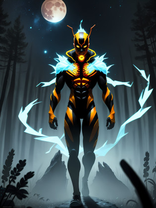 The supervillain male wearing bee outfit.full body like a bee.face like a bee red eyes and he's right hand holding the human Head with blood's.in the forest.full moon and stars.and he's left many human heads with bloods. He's eight.burning the body with blue fire.bad guys style.full details.8k resolutions.and alone