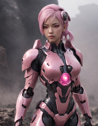 REALISTIC ANIME STYLE, JAPANESE ANIME, REAL ANIME, RAGE UNLEASHED, ANGRY, afro asian cute woman cyborg soldier HEAVY CYBERNETIC ARMOR, NEON PINK SNIPER RIFFLE, glowing PINK eyes, heavy mecha armor, cybernetic, cyberpunk SNIPER, on planet venus, wasteland, apocalypse, barren venus planet, cinematic, volume lighting, PURPLE SMOKE EXPLOSION