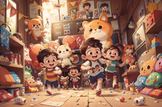 Cartoon illustration for kids in game arcade with stuffed animals?The boy ran forward with a lot of stuffed animals??A happy expression?having fun?Lots of stuffed animals?Excellent picture quality?Excellent details?Cute stuffed animals?Plush toys for cartoon characters?