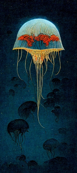 cell shading jellyfish on black paper, vivid colours, by Moebius, hiroshi yoshida, Druillet --ar 9:21