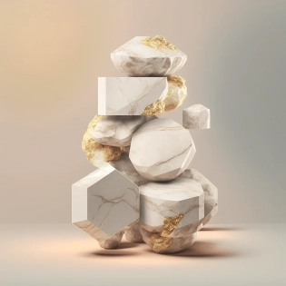 studio photography set of high detail irregular marble stones with gold lines stacked in impossible balance, perfect composition, cinematic light photo studio, beige color scheme, indirect lighting, 8k, elegant and luxury style --v 4