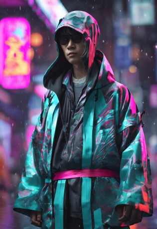 Alavid image of a man in a raincoat and pants, highly detailed kimono, stylish coat for a rave, clothing concept, trigger anime artstyle, wearing japanese techwear, hyperreal rendering, techwear look and clothes, digital art render, realistically rendered clothing, cyberpunk streetwear, inspired by Russell Dongjun Lu, Carnival coat, Longing for overseas