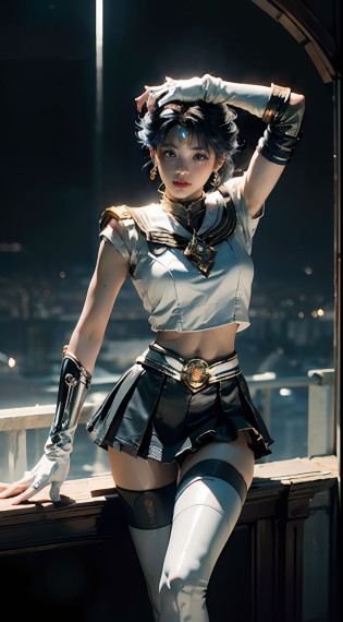 (CG Unity 8K wallpaper with extreme detail, masterpiece, highest quality), (exquisite lighting and shadow, highly dramatic picture, cinematic lens effect), (Sailor Moon: 1.1), double tail, blue eyes, white gloves, mini skirt, dynamic pose), (excellent detail, excellent lighting, wide angle), (excellent rendering and excellent rendering),