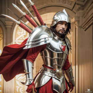 (Spearman), ((armed with spears and shields)), spear, shield, heart symbol, (full face helmet), long pike, full body, single male, standing, full plate armor, torn red cloak, low angle shot,