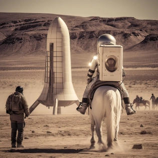 An interstellar a rocket which has just landed on near an alien lake on the planet Kepler-452b. Disembarking fro the spacecraft is an astro cowboy on a horse. Mid shot photography by Ed Freeman with a Hasselblad X2D 100C at super high resolution from various angles using a telephoto lens. RAW image. ethereal lighting. dramatic composition. ubiquitous details and strange alien environment.