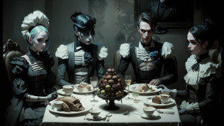 three people dressed in costumes sit at a table with plates of food, natalie shau tom bagshaw, dressed in crustpunk clothing, roger deakin � s cinematography, undead soldiers in background, avoid symmetry, gentlemens dinner, dressed in expensive clothes, dressed with long fluent clothes --auto --s2