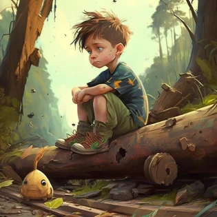 Draw a young boy sitting on a rotten wooden log, with a sad expression on his face. He is beside a train track and the background should be a lush green forest. The art should be in a cartoon style, with vivid details and vibrant colors, depicting the boy's emotion. Create a sad but at the same time, lively and colorful scene.