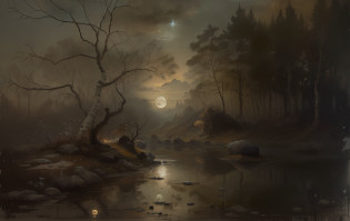 pintura de um rio com um veado no meio dele, luar, noite de luar, noite de luar, O brilho do luar, uma imagem de uma floresta iluminada pela lua, moonlight lighting, luar noturno, moonlight lighting, Enluarado, Gustav, In the moonlight, Mystical scene, Alberto Bierdstadt, Paisagem noturna ao luar, paisagem noturna