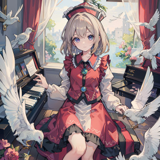 Lyrica Prismiver playing keyboard, masterpiece, fine detail, 4k, 8k, 12k, solo, one person, beautiful girl, caucasian female, Lyrica Prismiver, spring, bird flying away, air, music room