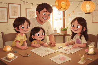 Picture 2: The family makes lanterns together for the Mid-Autumn Festival with 4 characters

Character 1: Father

Description: The father in the story is a middle-aged man, with slightly abusive brown hair and a warm face. He often wears simple but elegant clothes, showing the rustic personality and responsibility of a family father.

Character 2: Daughter

Description: The girl in the story is a girl about 10 years old, with long light brown hair and mischievous eyes. She always has a cute smile on her face and often wears simple but very cute dresses.

Character 3: Mother

Description: The mother in the story is a middle-aged woman with short hair and warm eyes. She usually wears comfortable but still very neat and attractive clothes. She is a caring and loving person for her family.

Character 4: Son

Description: The boy in the story is a small boy about 7 years old, with flowing black hair and curious eyes. The boy often wears long pants and shirts, exuding a docile and hyperactive look.

[Drawing: Family sitting around table, with pre-cut lanterns and lantern-making tools.]

Son: 
