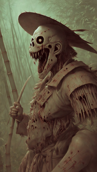 (illustration horror by apterus:1.2), japanese samurai with traditional hat,roaming around a traditional japanese village, bamboo forest, violence, detailed background, apterus creepy anatomy:0.9