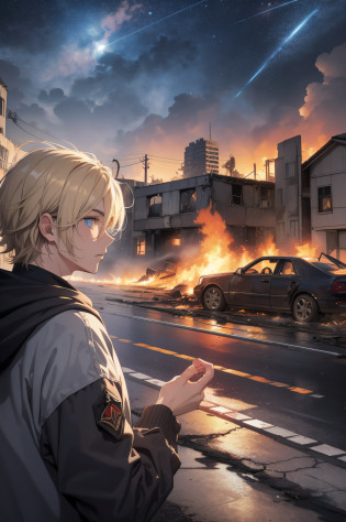 Masterpiece, high quality, absurdes, a guy, blonde hair, detailed eyes and face, blue eyes, handsome face, black hoodie, burning town ruins, abandoned suburban town, meteor shower, at night, chaos, panic, apocalyptic atmosphere, fires everywhere, cracked road, burning flames, hood on head, winged figure in the sky, burning ruined houses, broken walls, burning cars, ashes and dust in the air, tsunami