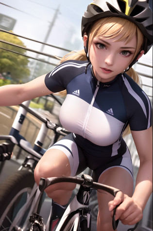 (Best Quality,8K,hight resolution,masuter piece:1.2),Ultra-detailed,Realistic:1.37,Portrait,Dynamic Angle,(Female Cyclist) ,Teenage girl,small head,Cute,Sporty,Charming face,Detailed beauty face,Very realistic skin,Wet skin,Sweat,Large breasts,Narrow waist,nice legs ,Sporty,Cycling Venues?,Cinematic lighting,