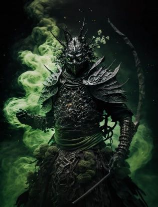 a giant samurai divinity masked as a green creature, ultra realistic, vincent van gogh style, fw murano style, GALAXY full body armor, jet black smoke columns, 135mm, detailed key visual, dark atmospheric effects, highly realistic epic ultra-wide shots --ar 3:4 --seed 1 --q 2