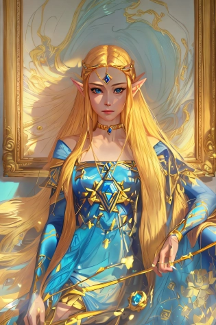 blond haired woman with blue dress and gold jewelry sitting in front of a painting, portrait of princess zelda, portrait of zelda, princess zelda, portrait of an elf queen, beautiful and elegant elf queen, artgerm on artstation pixiv, artgerm julie bell beeple, zelda style art, artgerm. anime illustration, elf princess