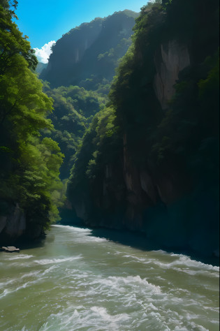 There was a man on the mountain on a boat ride on the river, inside a gorge, in between a gorge, gorge in the mountain, mountains river trees, river running thru the middle, The river at the bottom, rios?Trees and hills, zhangjiajie national forest park, The river runs through it, with a river running through it?Li Bai held the wine glass in his hand?