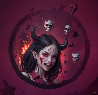 Lady vampire, Satanic, scream, scary, roar, grin, sharp teeth,red eyes, bloodshot eyes, face full of cuts and blood , elf ears, fire,bloody demon skulls with red eyes, , bloodhell, bloody circle, bloody face, Satanic horn, black lips, baphomet, hell fire, Gothic, 8k quality, realistic, raw photo,blood bloood