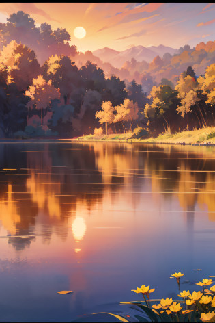 arafed view of a lake with yellow flowers and a sunset, golden hour time, in the golden hour, late sunset, in the golden hour, sunset at golden hour, taken at golden hour, late sunset, Sol da Hora de Ouro, at dusk at golden hour, sunsettime, With sunset?oilpainting?Monet