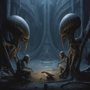 Dark alien rituals in a grim cave very highly detailed color HDR DSLR photo by Giger and Zdzislav Beksinsky and Greg Rutkowski trending on artstation