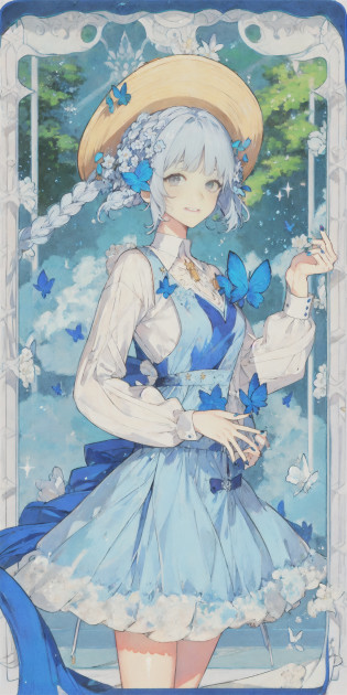 (Realistic painting style:0.9), (faux traditional media:1.0), masterpiece, best quality, bokeh, depth of field, looking to the side, kamisato ayaka (springbloom missive), kamisato ayaka, official alternate hairstyle, official alternate costume, blunt bangs, butterfly hair ornament, hair flower, blue dress, 1girl, butterfly, grey eyes, flower, hair ornament, light blue hair, outdoors, solo, hat, sky, blue nails, cloud, bangs, long sleeves, holding, looking at viewer, blue butterfly, blurry, braid, dress, day, blurry foreground, blue sky, breasts, medium breasts, cloudy sky, blush, index finger raised, blue flower, smile, closed mouth, holding fan?tarot?green background,